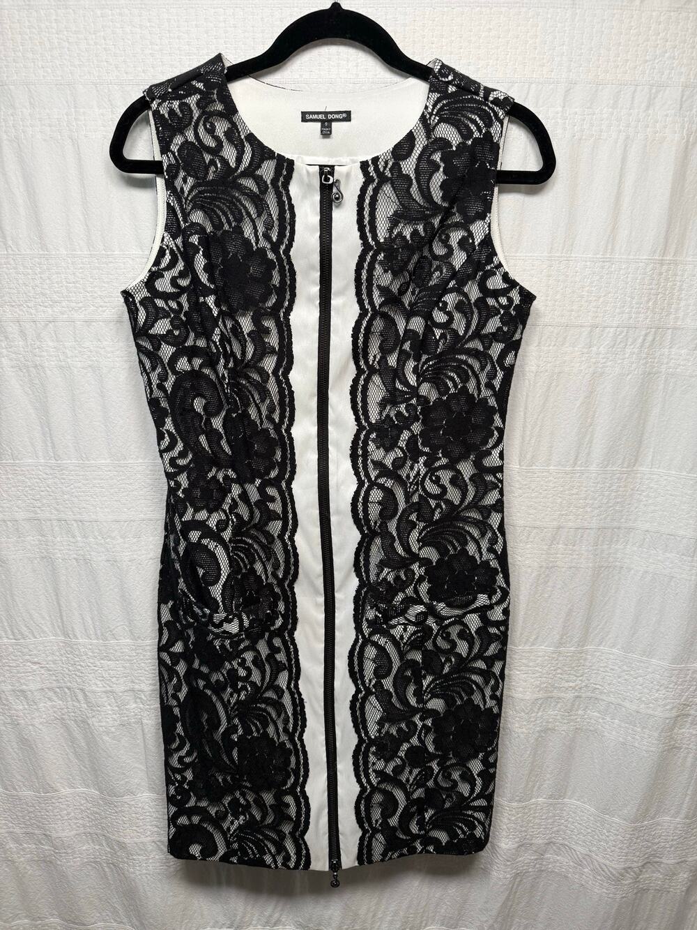 Samuel Dong Black Lace Lined Front Zip Cocktail Dress, Size Small